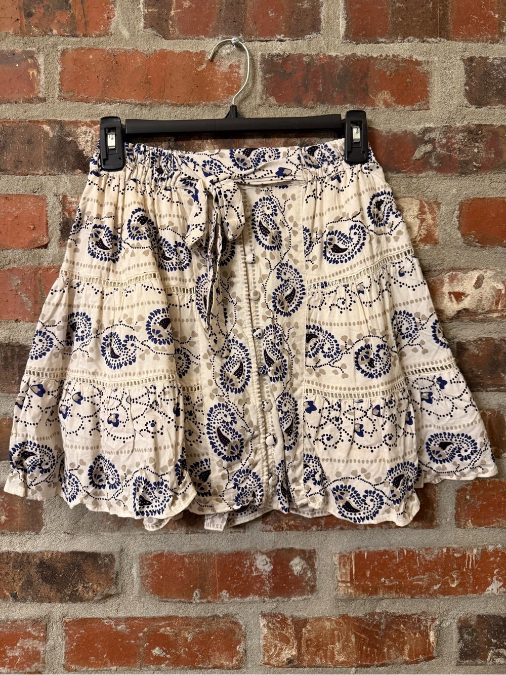 P154 - Angie Cream and Navy Paisley Tiered Skirt
